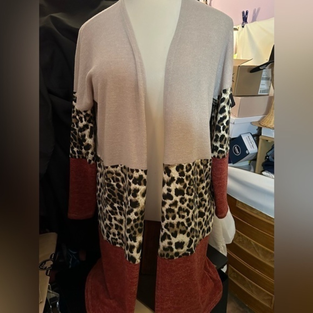MACARON  LONG OPEN CARDIGAN COLOR BLOCK SWEATER- NEW